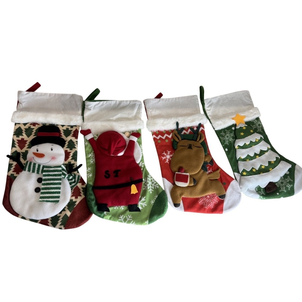 Set of 4 Christmas Stockings 3D Applique Snowman Santa Reindeer Tree 17.5 Inch